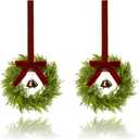 Mini Christmas Wreath Set of 2, 12 Inch Small Wreaths for Kitchen Cabinets, with Deep Red Bow Vintage Bells Pine and Cypress Leaves for Fireplace Window Farmhouse Indoor Home Decorations, Green 