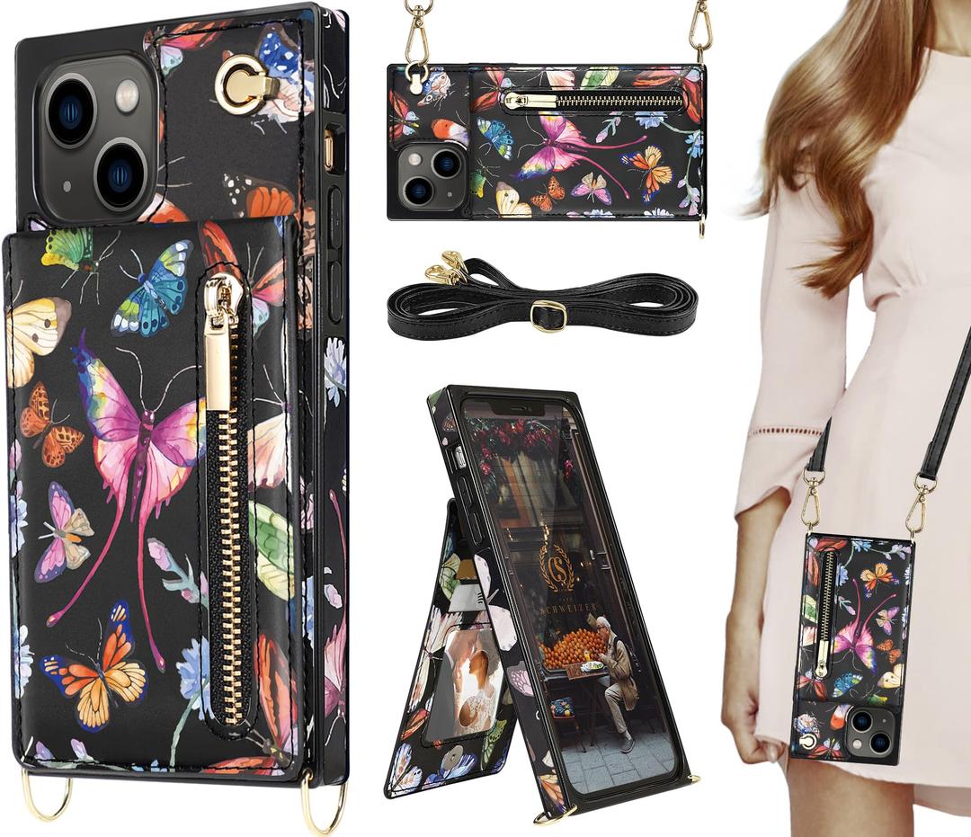 iPhone 11 Crossbody Wallet Case [RFID Blocking], Card Holder, Zipper Purse, Floral Leather Protective Cover - Butterfly