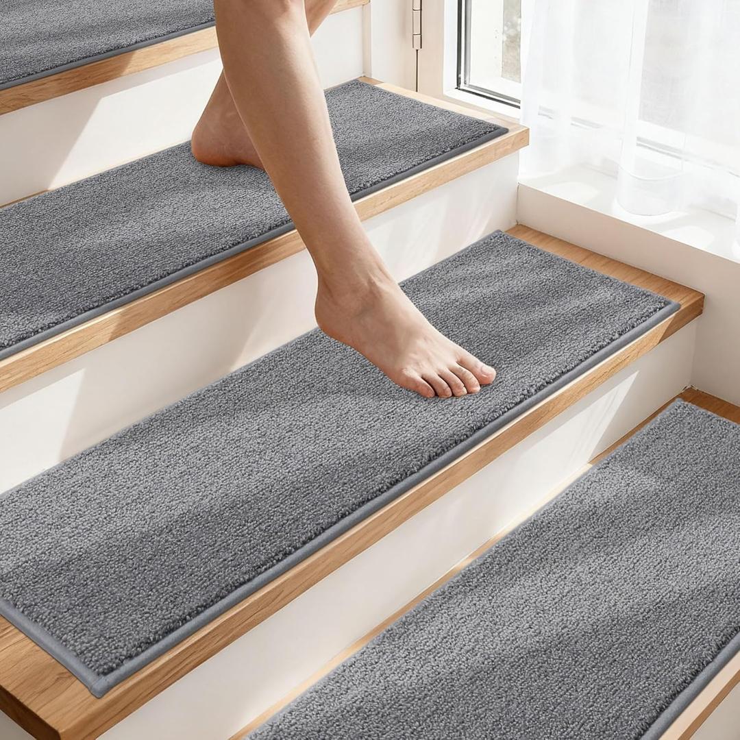 COSY HOMEER Stair Treads Non-Slip Carpet Stair Treads for Wooden Steps, Indoor Stair-Runner Rugs for Kids Elders & Pets 28"x9" (15Pc, Gray) (Grey)