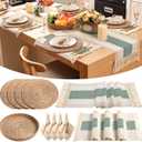 GANDEER 6 Sets Boho Placemats: Round Woven, Rectangular Boho, Wooden Bead Napkin Rings, Cloth Napkins, Long Table Runner & Storage Basket - Natural Burlap Cotton for Kitchen Dining Table Home