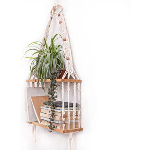 Boho Wall Hanging Shelves Macrame Floating Plant Photos Wood Shelf for Bedroom Living Room Apartment Decor (White)