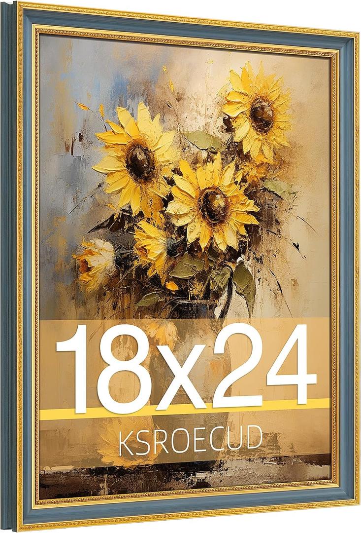 18x24 Picture Frame, HD Real Glass Ornate Vintage 18x24 Photo Frame, 18 by 24 Poster Frame with Gold Blue Texture Border Horizontal & Vertical Display for Tabletop or Wall Decor (1 Pack)