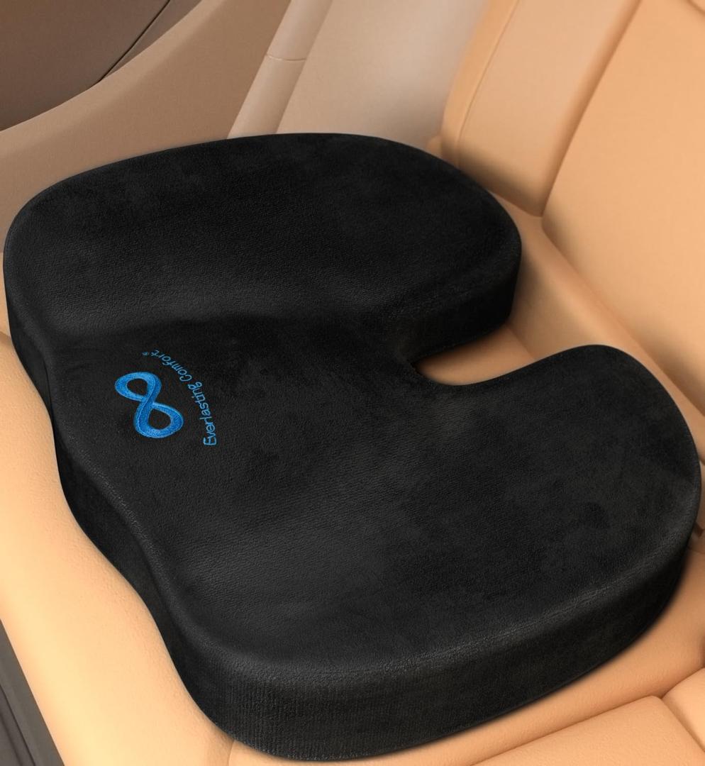 Everlasting Comfort Memory Foam Car Seat Cushion - Tailbone Pain Relief, Driving Seat Cushion for Short People - Office, Wheelchair, Gaming Chair, Travel - Non-Slip, Washable Cover