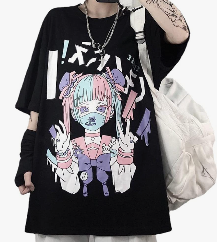 Women Summer Gothic T-Shirt Anime Aesthetic Print Harajuku Fashion Casual Tops, XXL