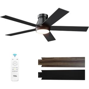 TCL 52" Ceiling Fan with Lights, Black Flush Mount Ceiling Fans with Remote Control, 6 Speeds DC Reversible, Dimmable, Noiseless, Low Profile Ceiling Fans for Bedroom