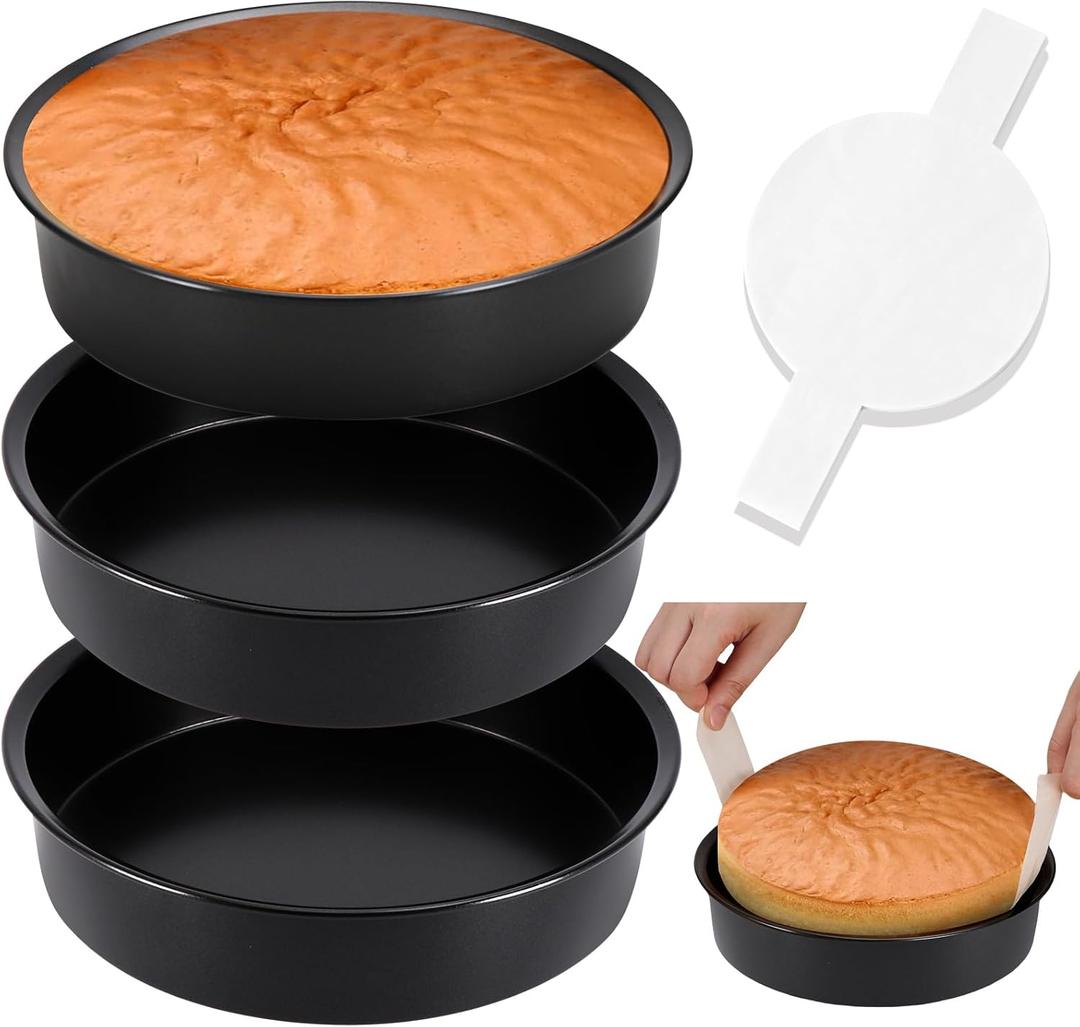 8 Inch Cake Pan, Premium Round Cake Pans Set of 3, Durable Circle Cake Pan with 100 Pieces Parchment Paper, Non-Toxic & Healthy Deep Cake Baking Pans Tins for Birthday Christmas, Dishwasher Safe