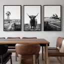 Framed Farmhouse Wall Art for Living Room, Set of 3 Black and White Highland Cow Canvas Prints, Modern Barn Windmill Wall Decor for Bedroom Dining Room Hallway 20x30 Inch