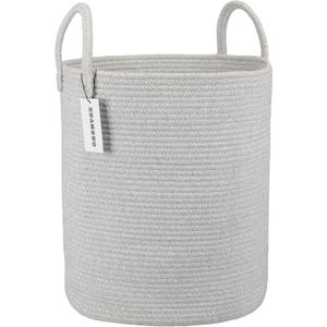 Cotton Rope Laundry Basket Hamper for Clothes Woven Storage Basket for Living Room Bedroom Boho Tall Rope Baskets for Blanket Toys Pillow Towels Baby Nursery Hamper Bin Large light grey (Regular)