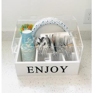 Wood disposable cutlery organizer with acrylic lid-protects from duct and insects-ideal for parties, kitchen and outdoors.