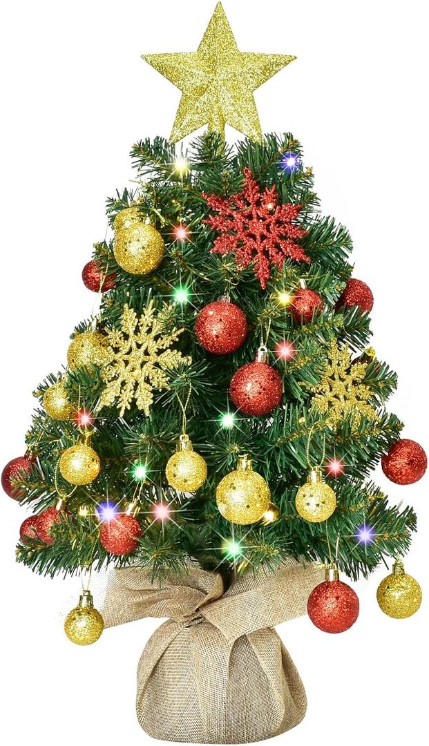 HOYECHI 24" Mini Christmas Tree - Small Tabletop Artificial Xmas Tree with Lights, Star Treetop, Ornaments Balls, DIY Decorations - Green & Gold