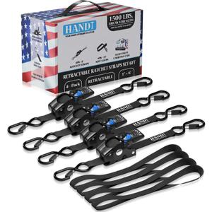 HandT USA Based Retractable Ratchet Straps (4PK) 1in x 6ft - 1,500lb Break Strength, Heavy Duty Automatic Ratchet Straps Self Retractable Tie Down, Push Button Retracting Truck Trailer Cargo | Black