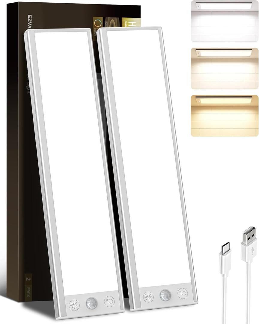EZVALO 250LM Super Bright Under Cabinet Lighting Wireless, 8000mAh Rechargeable Battery Motion Sensor Light Indoor, Dimmable Under Counter Lights for Kitchen, 3-Inch Ultra-Wide Panel Closet Light