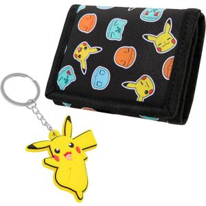 Pokemon Wallet and Keychain Set for Kids Trifold Wallet with ID Pocket Card Slots Zipper Coin Purse Pikachu Anime Gifts for Boys (Black/Yellow)