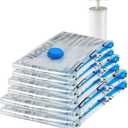 Basics Vacuum Storage Bags for Clothes, Space Saving Compression Storage Bags with Hand Pump, Heavy Duty, Stackable, Jumbo Size, Clear, 6Pack