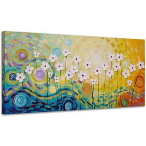 Yihui Arts Hand Painted Textured Floral Oil Painting on Canvas, Vibrant Abstract White Flower Wall Art with Colorful Swirls, Modern Home Decor for Living Room Bedroom