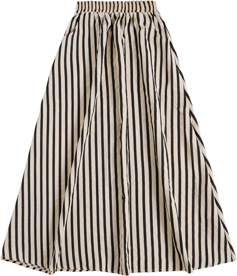 GORGLITTER Women's Striped Long Skirt Elastic Waist A Line Flowy Pinstripe Maxi Skirts with Pockets Causal Fall Outfits Black and White X-Large
