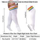 Plus Size Thigh High Socks for Women Thick Thighs Cotton Knit Extra Long Over the Knee Leg Warmer (White & Rainbow Stripe)