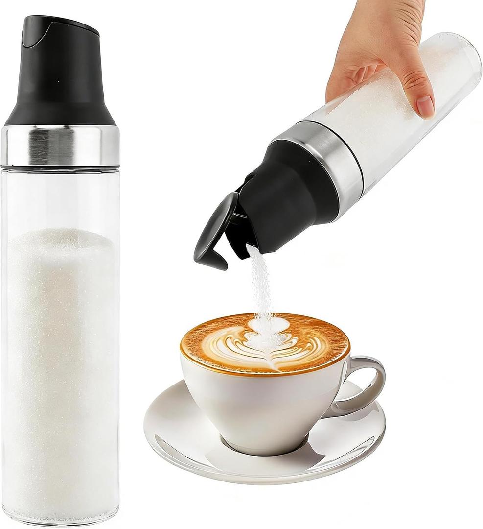 Sugar Dispenser with Pour Spout, 17 oz Stainless Steel Creamer Dispenser for Beverages and Cooking, Glass Sugar Shaker Jar for Coffee Bar, Kitchen, Organizer (COLOR:Black)