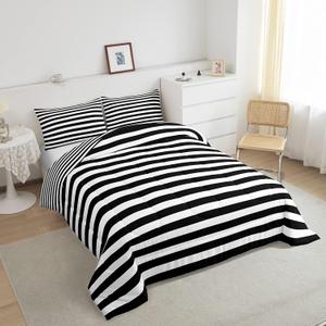 Striped Comforter Set Black and White Stripe Bedding Set Twin Kids Boys Girls Women Men Farmhouse Ticking Stripes Duvet Set Modern Geometric Lines Adults Abstract Gothic Home Decor Soft Reversible (Multi 93)