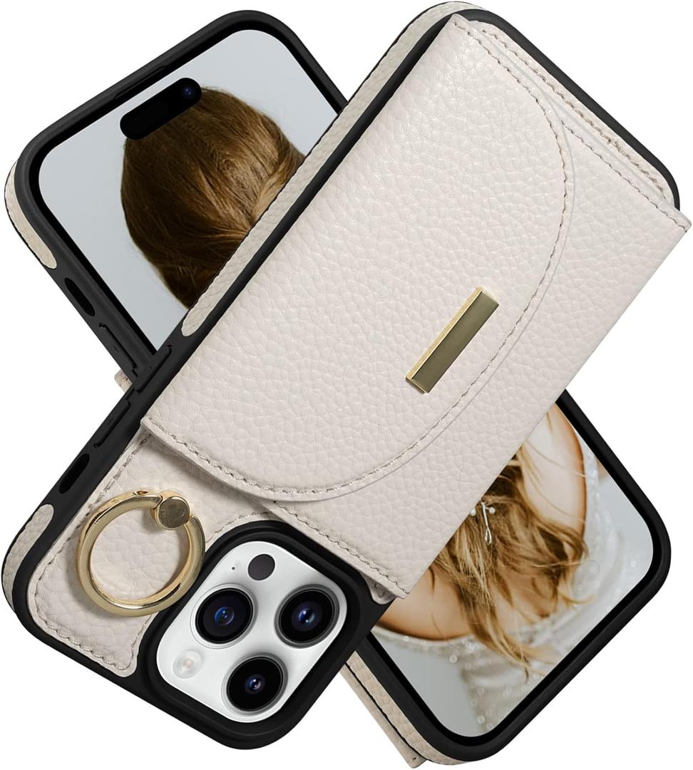 Keallce Wallet Case for iPhone 14 Pro Max 6.7'', Flip Case with Card Slots, Ring Holder Kickstand, PU Leather Protective Folio Cover for Women, Beige