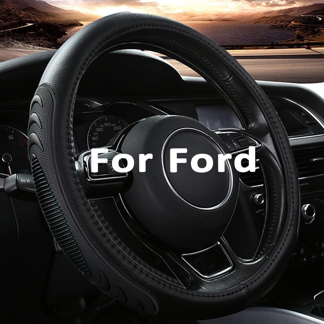 Leather Steering Wheel Cover for Ford F150 F250 F350, 15.5-16 inches Car Steering Wheel Cover with Anti-Slip Massage Particle (Black)