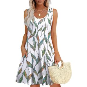WEESO Womens Summer Dresses Loose U Neck Sleeveless Sundresses Dress with Pockets (Small, Floral Multi Leaf)