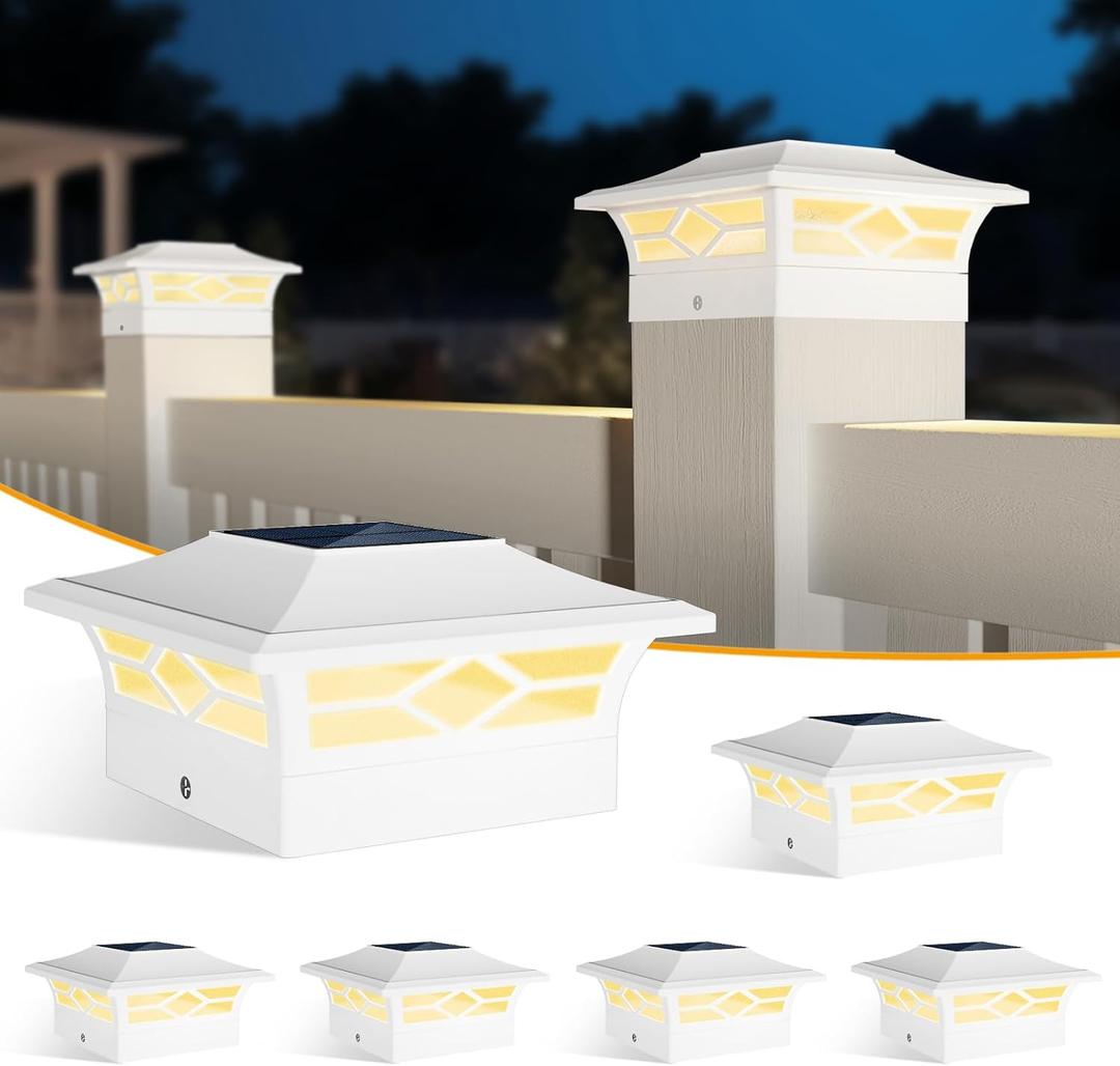 JOFIOS Solar Fence Post Lights 6pack, Cap Lights for 4x4/5x5 Vinyl Fence and 4x4/6x6 Wooden Post, Warm White/Cool White Lighting, White Solar Cap Outdoor Waterproof Decorate Garden Pathway Deck Patio