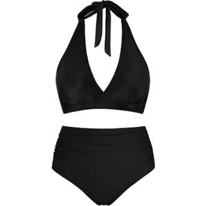 Women's Halter Bikini Sets High Waisted Tummy Control Swimsuit V Neck Push Up Bathing Suits (Black, L)