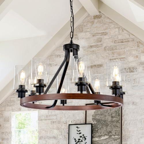 Lanhall 8-Light Farmhose Chandelier for Dining Room Light Fixture Faux Wood Kitchen Pendant Light Round Rustic Ceiling Hanging Lighting with Glass Globes Adjustable Height Metal E26