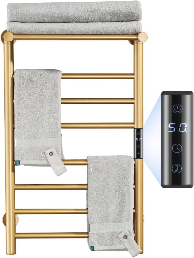 Gold Heated Towel Warmer Rack, Electric Heated Towel Drying Rack for Bathroom Radiator 70W, 7 Bar Wall Mounted Heated Towel Rail with Top Shelf Stainless steel Towel Warmer, 72*45*25Cm(Plug In)