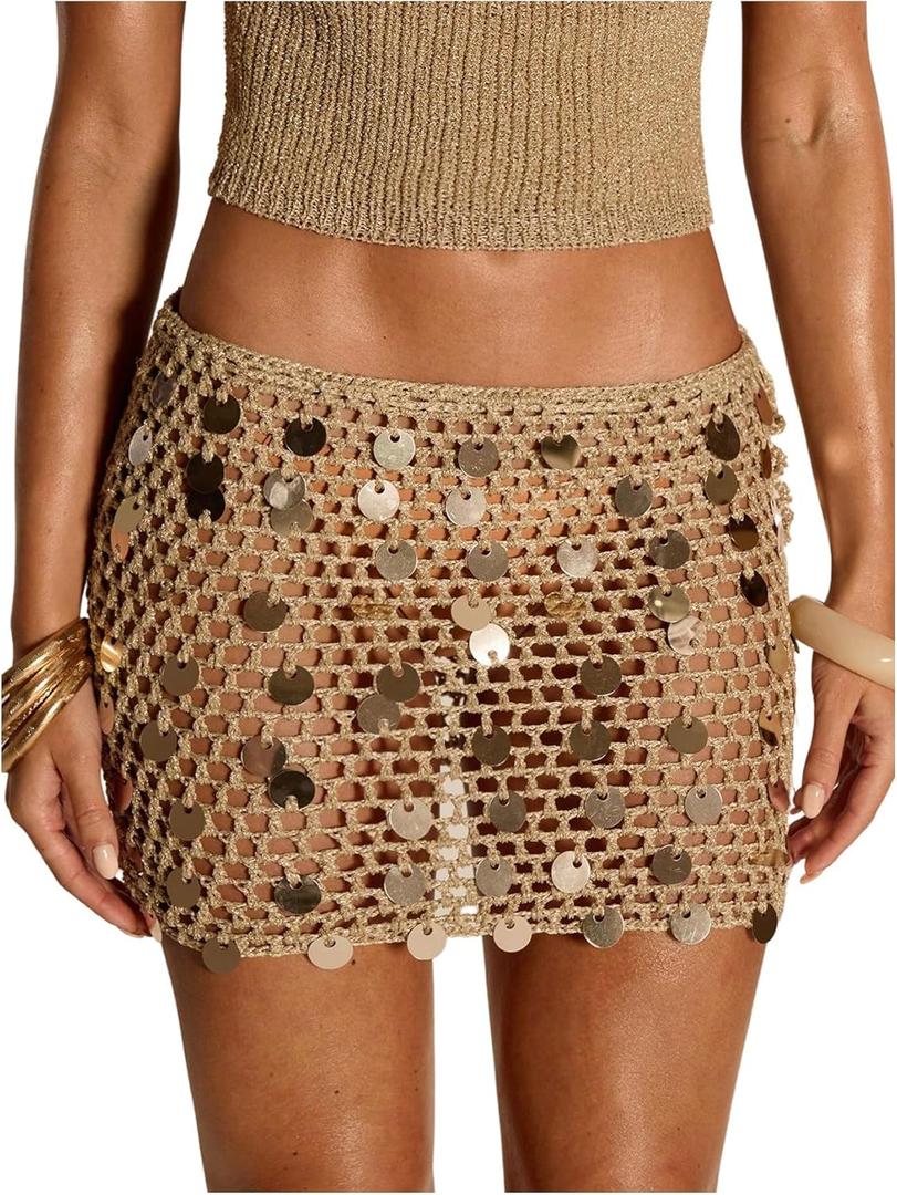 MakeMeChic Women's Crochet Sequin Saparkly Mini Skirt Beach Cover Up Low Waist Party Y2k Skirts Swimsuit Coverup (Khaki, Small)