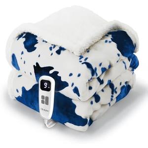blunique Heated Blanket Throw Blanket - Fast Heating Electric Blanket, Soft Flannel Heated Throw with 4 Time Settings,10 Heating Settings, Warm Gifts for Women & Mom & Grandma(50"x60"Cow Print Blue)