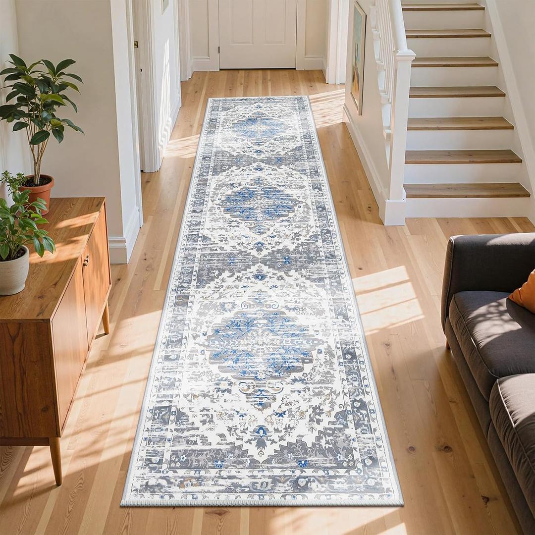 Ileading Washable Hallway Runner Rugs, 2x8 Non Slip Runners Area Rug for Entryway Kitchen Bathroom Bedroom Laundry Living Room, Long Narrow Low-Pile Floor Carpet Boho Vintage Throw Mat for Kids Room (Grey)