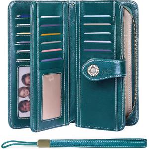 FALAN MULE Women Leather Wallet Large Capacity Bifold RFID Blocking Card Holder with Zipper Coin Pocket (Peacock Blue)