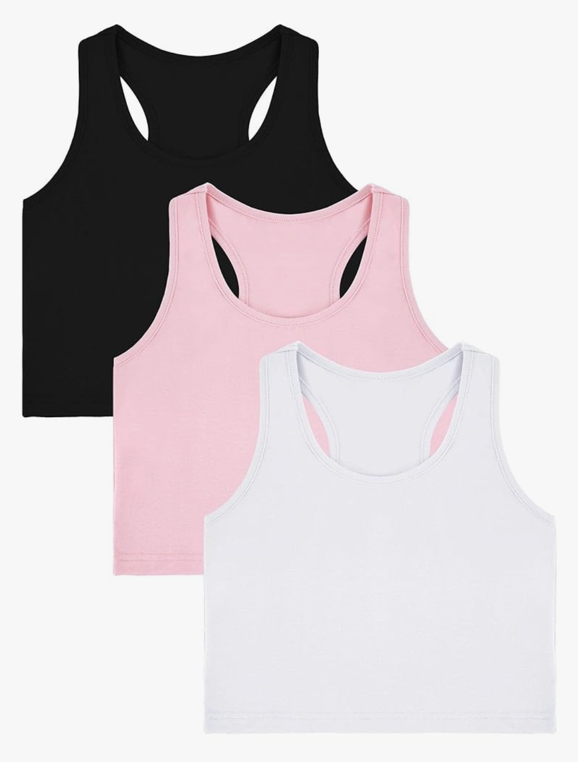 Bencailor 3 Pcs Girls Dance Tank Top Racerback Crop Tank Top Sleeveless Girls Tops Vests for Children White Black Pink 11-12 Years