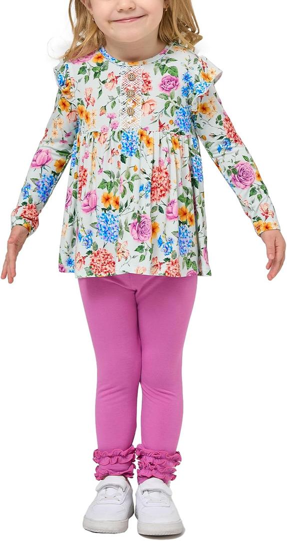 Little Girls' Clothing Sets, Bamboo-derived Viscose, Long Sleeve 2pcs Toddler Girls Outfits (Pink) 5T