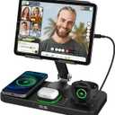 6 in 1 Wireless Charger for Apple Device, 30W Foldable Wired Charging for ipad with Clock & 7 Color Ambient Light, Nightstand Charger Station for iPhone 17/16/15/iWatch Series/AirPods 4/Pro 3(Black)