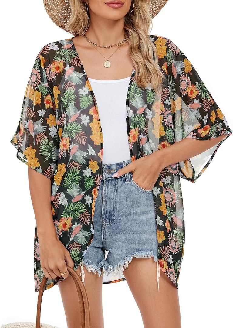 Zando Short Sleeve Kimono Cardigans Floral Kimono Cover Ups Womens Casual Shawl Cardigan Loose Open Front Kimono Tops (L)