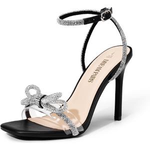 DREAM PAIRS Women's Double Bowknots Crystal Sandals Clear Slingback Heels Square Toe Shoes for Party Wedding (9.5, Black)