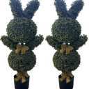36'' Artificial Bunny-Shaped Topiary Double Ball Tree Pot UV-Resistant Bowknot Easter Decor Faux Boxwood Topiaries Plant for Porch Decor Outdoor/Indoor 2 Pack