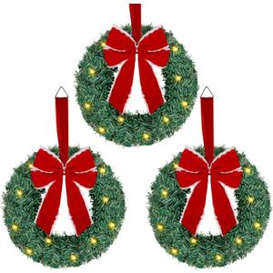 ATDAWN 3 Pack Mini Christmas Wreath, Lighted Christmas Front Door Wreath, Xmas Wreath for Holiday Christmas Party Decorations (Red Bow)