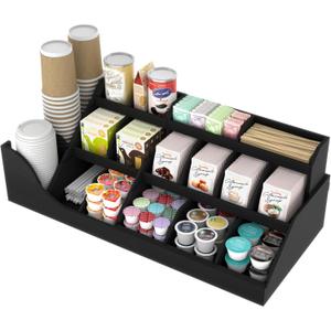 Suli Exact Large Coffee Station Organizer,Wooden Countertop Pods Holder with Drawer,Storage for Condiment Syrup Tea Cups,Rustic Bar Decor for Accessories Organizer (3 Tiers 18 Compartments)-Black
