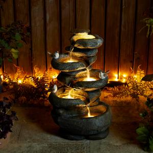Glitzhome 5-Tier Cascading Rock Outdoor Water Fountain with LED Light & Pump, Natural Stacked Stone Look Water Fountain with Lively Birds for Garden, Patio, Porch, 23H