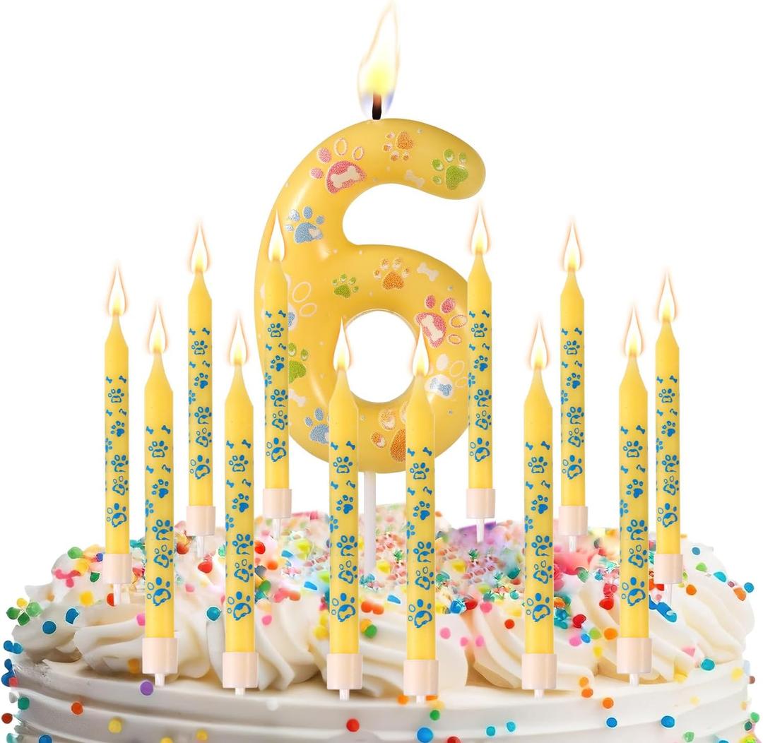 Paw Print Numbers Birthday Candles, Puppy Theme Birthday Candles with 12pcs Straight Candle Happy Birthday Cake Toppers Pet Party Decoration Supplies for Boys & Girls (6)