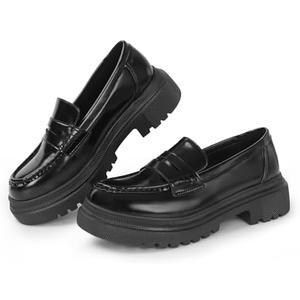 Gemialle Women's Fashion Comfortable Platform Chunky Loafers & Slip On Casual Penny Loafers Round Toe Padded Business Dress Shoes, Size 9