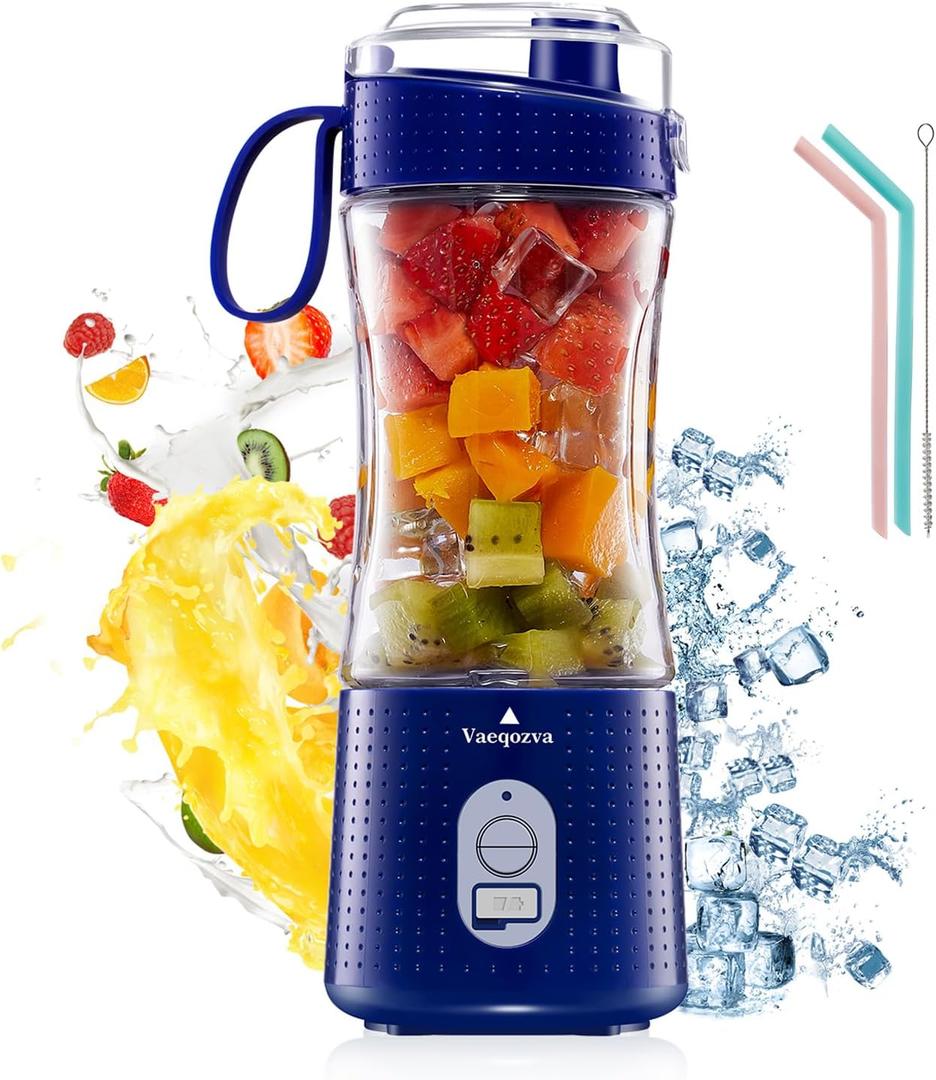 Portable Blender, Vaeqozva USB Rechargeable Smoothie on the Go Blender Cup with Straws, Protein Shakes Fruit Mini Mixer for Home, Sport, Office, Camping - Navy Blue