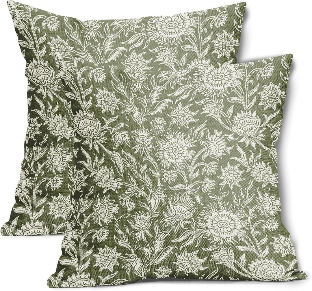 Sage Green Vintage Floral Pillow Covers 18x18 Inch Set of 2 Neutral Flower Cotton Linen Decorative Throw Pillow Case Cushion Covers for Bedroom Sofa Living Room Chair