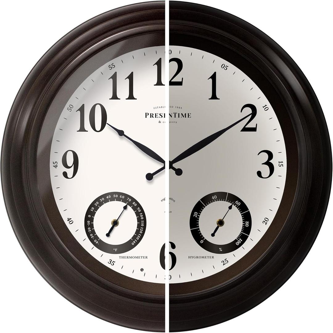 PresenTime & Co 24" Jameson Illuminated In/Outdoor Clock, Modern Farmhouse, Self-Illuminated, Waterproof, Weather Station (Thermometer & Hygrometer), Metal Clock, Oil Rubbed Bronze Finish (Night Light)