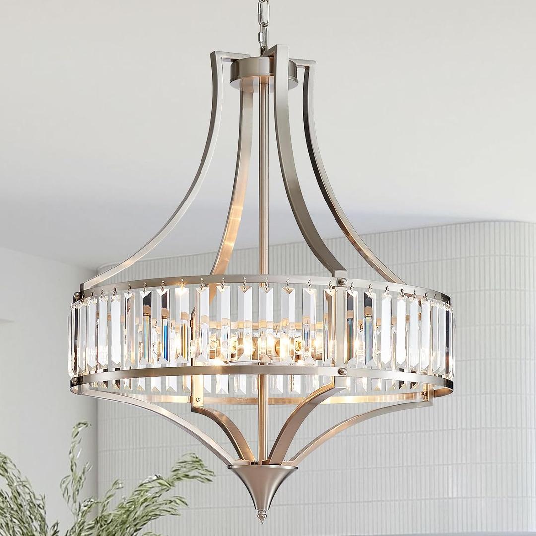 Brushed Nickel Chandeliers for Dining Room, 22 Inch Crystal Light Fixture 6-Light Modern Round Large Chandeliers for Kitchen Hallway Bedroom Foyer Hall Adjustable Height Hanging Light
