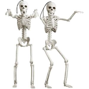 OKPOW 16" Small Skeleton Halloween Decor Full Body 2 Pack - Plastic Mini Skeleton Halloween Poseable Hanging Decorative - Cute Posable Joints Little Skeletons Indoor Table Decoration